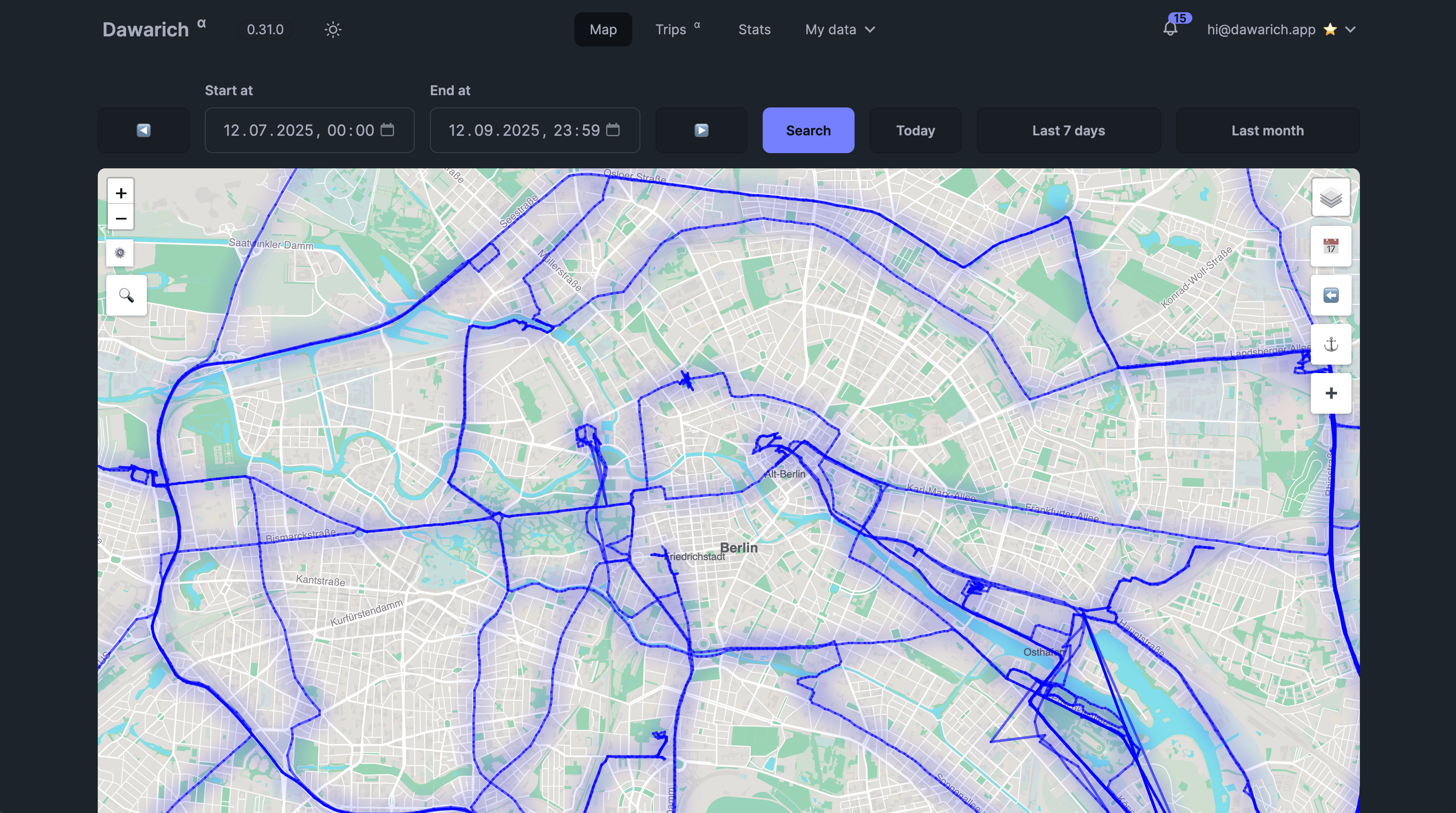 Dawarich map interface showing location tracking